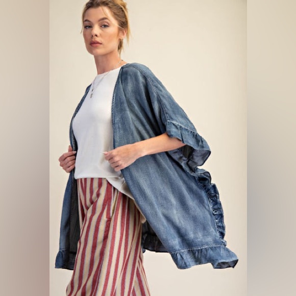 EASEL Star patchwork layer Denim Patch Kimono chambray soft denim look ruffle - Picture 5 of 6